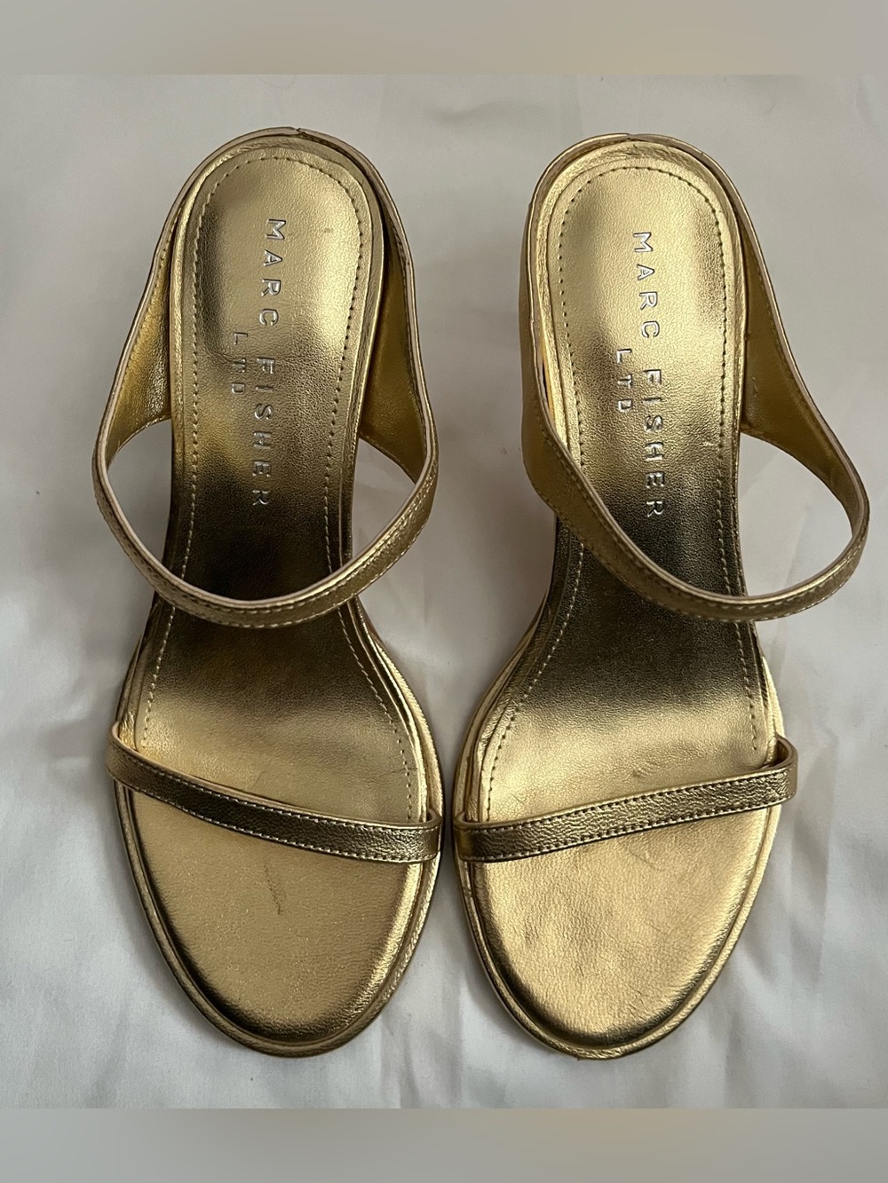 Marc Fisher Gold Minimalist Two-Strap Heels